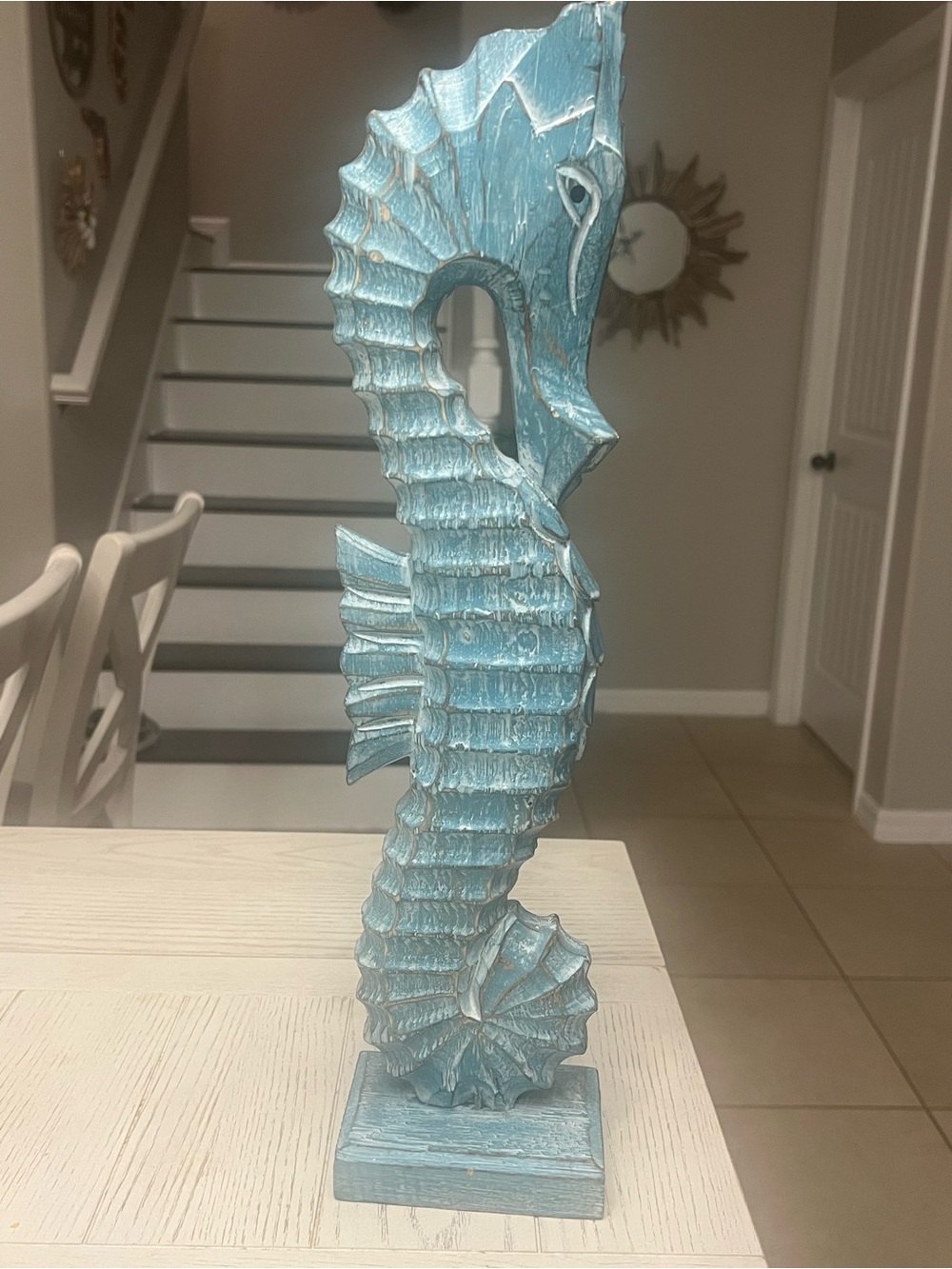Large 20” Coastal Seahorse Statue Distressed Aqua Blue Beach Nautical Décor